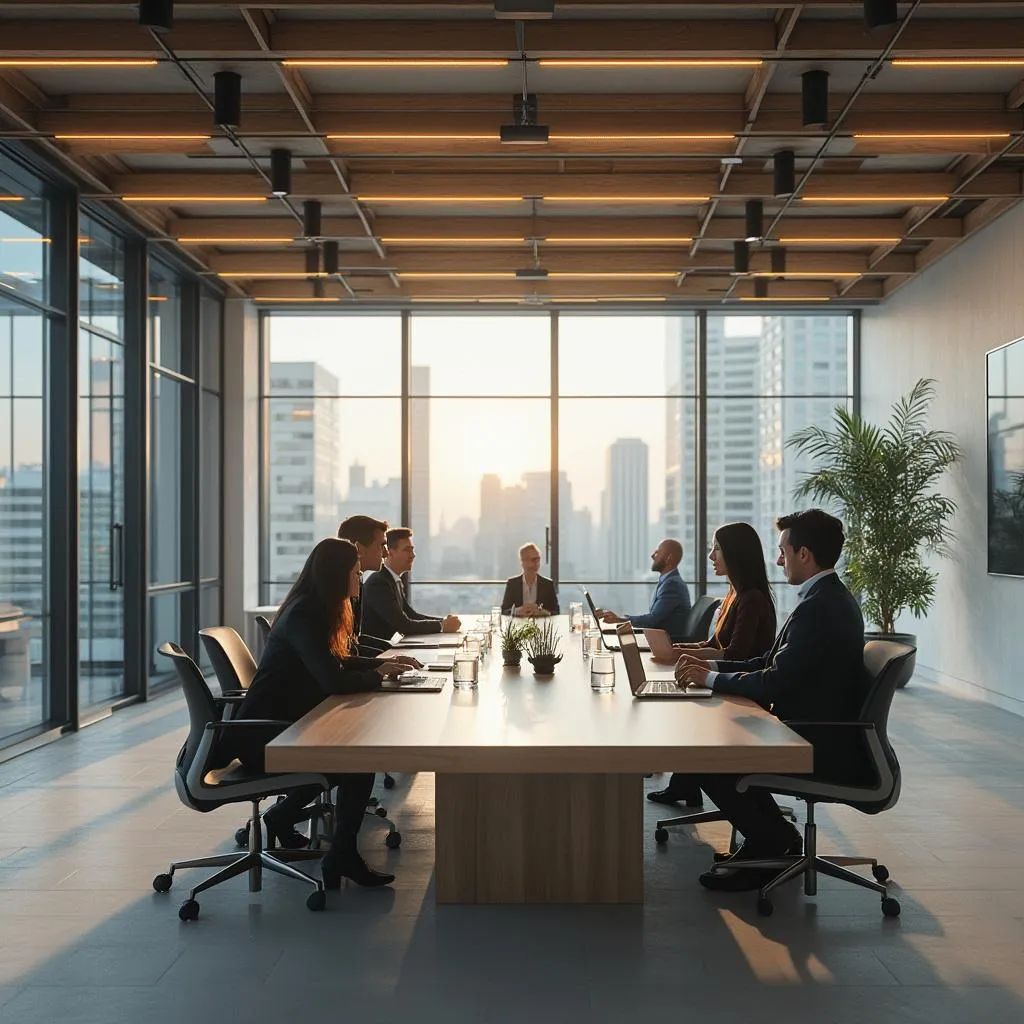 Oficina moderna de consultoría con equipo trabajando